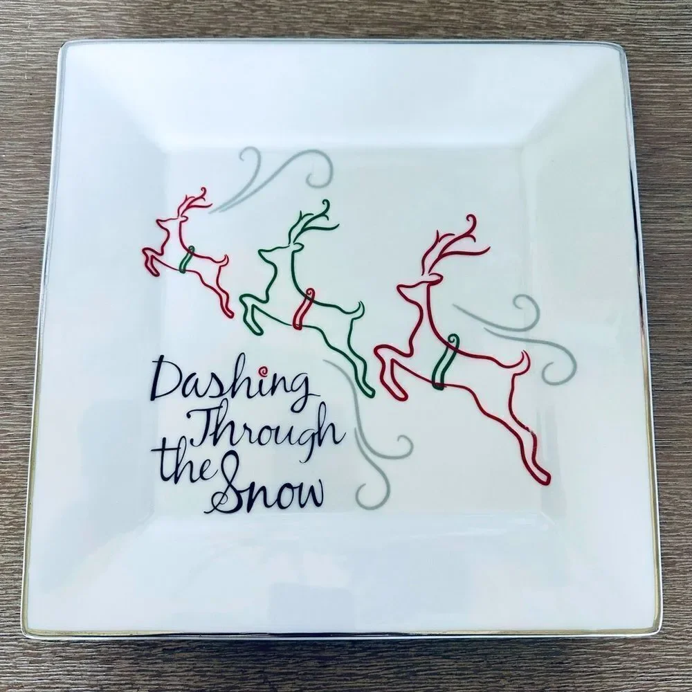 Reindeer Dashing Through the Snow Holiday Christmas Serving Platter Tray Plate